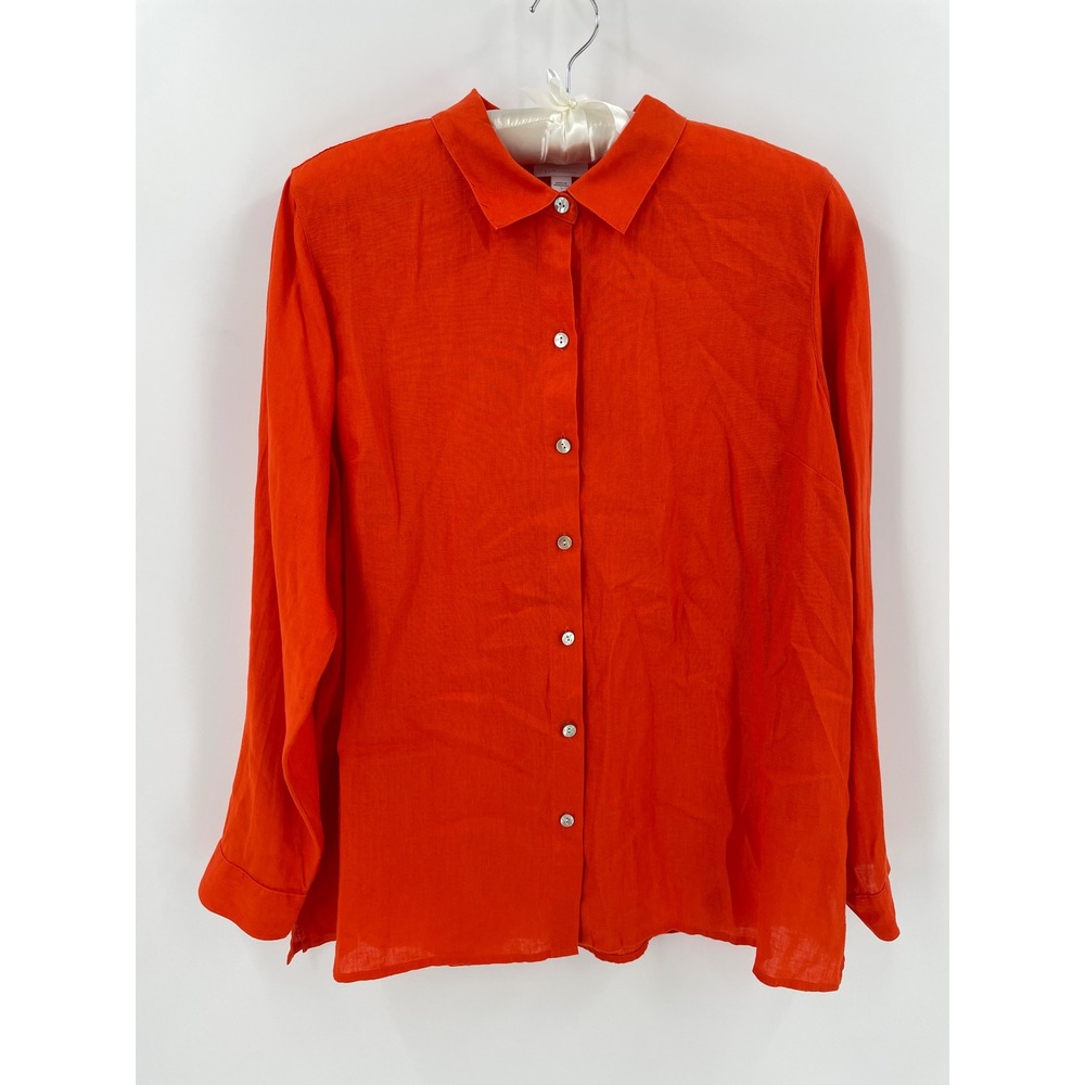 J Jill Love Linen Orange Button Down Shirt Womens L Woven 100% Linen Blouse